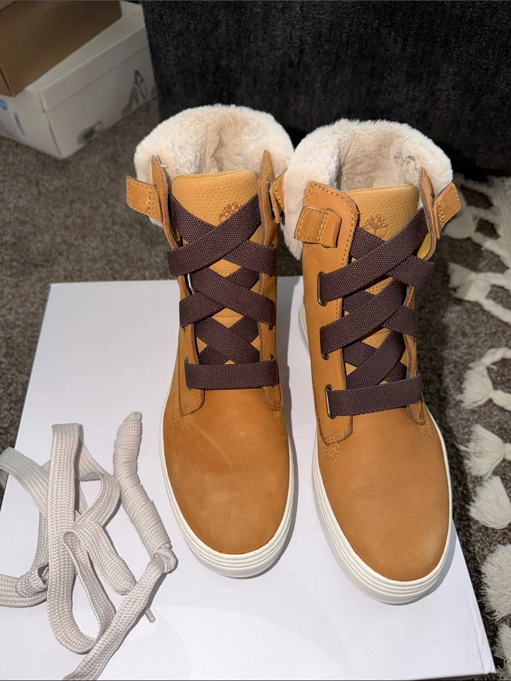 Timberland Tan Nubuck Shearling-Trim Lace-Up Boots